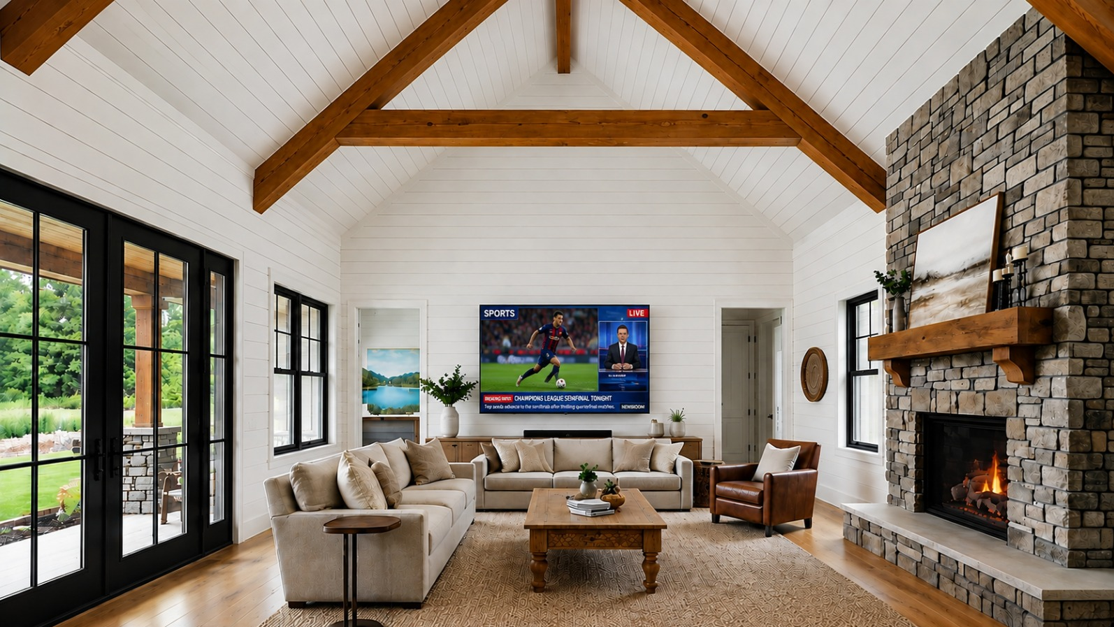 Lakewood living room with fireplace and pond view windows
